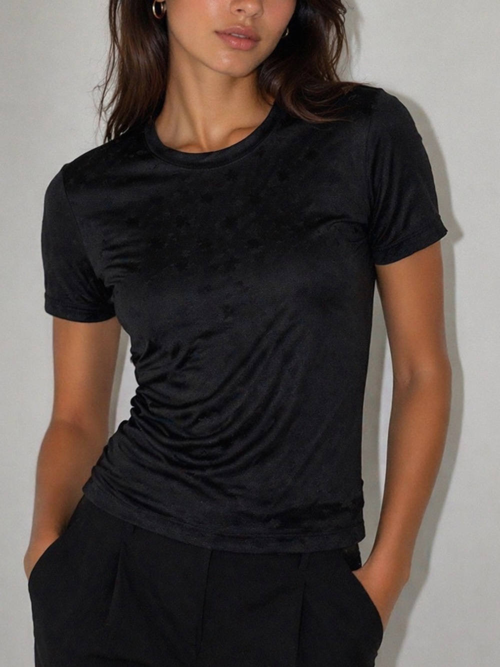 Sheer Black Floral Crewneck Short-Sleeve Top